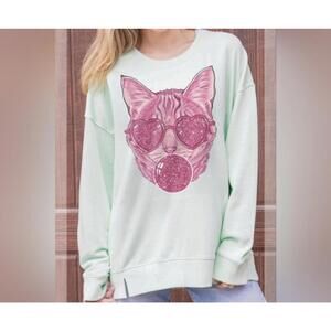 Simply Southern Mint Green Sweatshirt with Pink Cat Graphic Large New